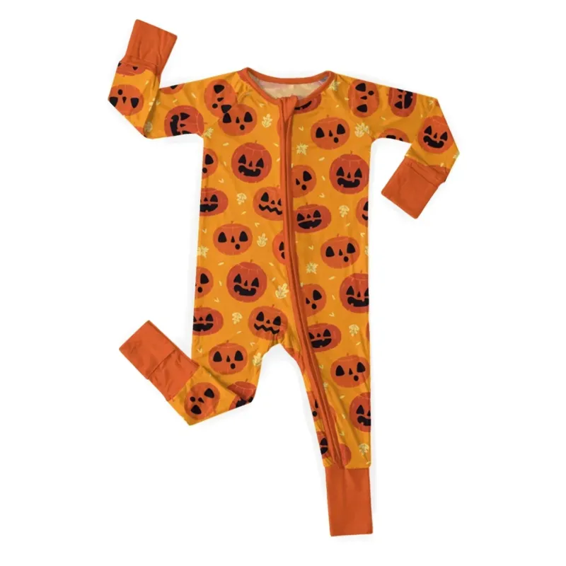 Orange Halloween Pumpkin Convertible Zippered Romper , Orange Halloween Pumpkin Convertible Zippered Romper - Newborn
