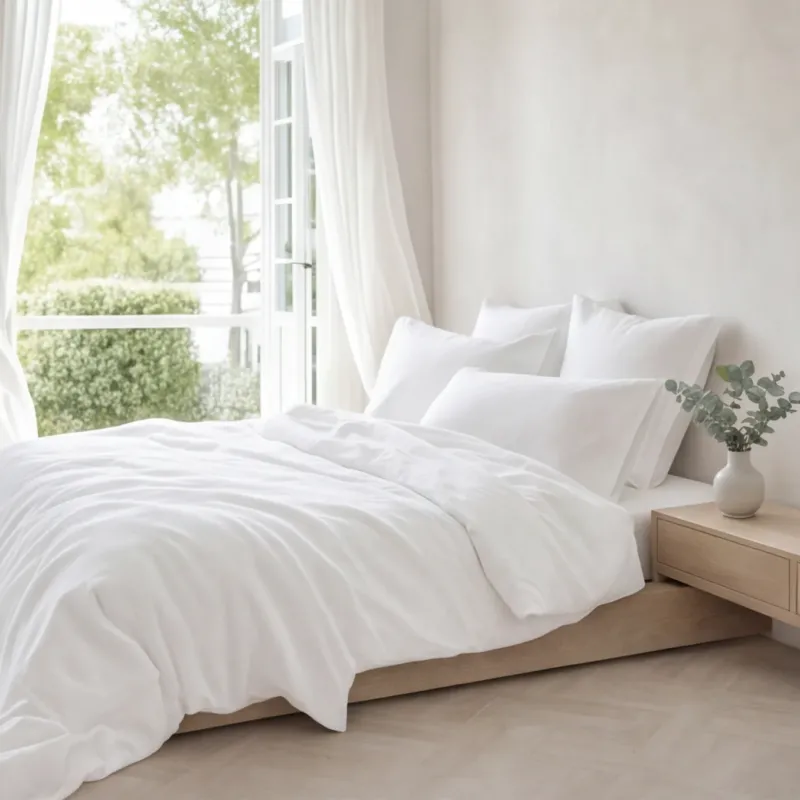 Parure en percale de coton unie blanc neige – ambiance face chambre