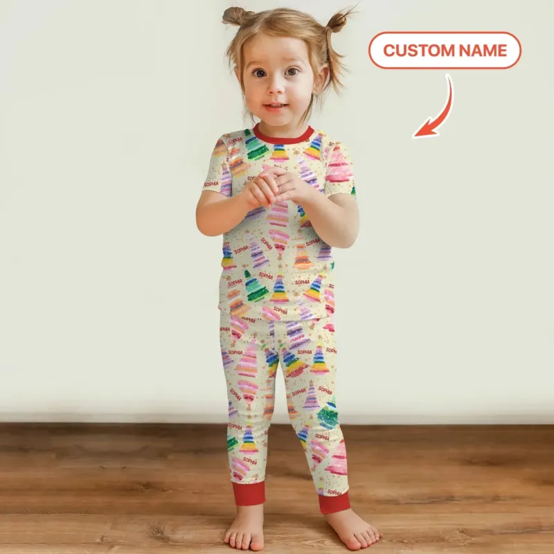 Personalized Twinkle Christmas Trees Two Piece Short Sleeve Pajama Set , Personalized Twinkle Christmas Trees Two Piece Short Sleeve Pajama Set - 12-18M