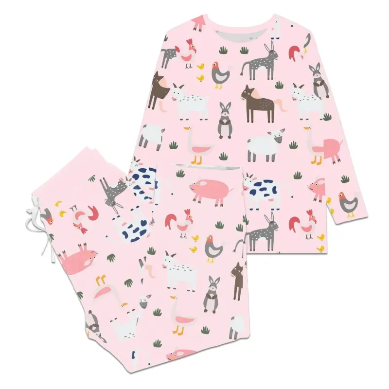 Pink Farm Animals Women Pajama Set , Pink Farm Animals Women Pajama Set - S