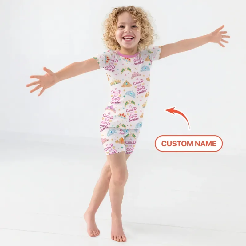 Princess A Child Of God Custom Name Two Piece Short Sleeve Shorts Pajama Set , Princess A Child Of God Custom Name Two Piece Short Sleeve Shorts Pajama Set - 12-18M