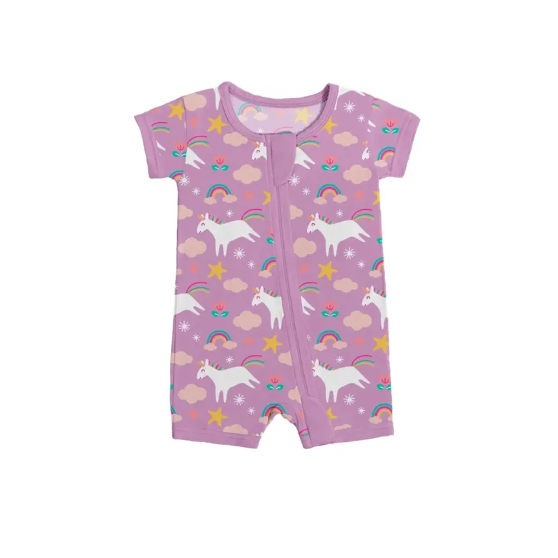 Purple Unicorns Shorty Zippered Romper , Purple Unicorns Shorty Zippered Romper - 0-3M