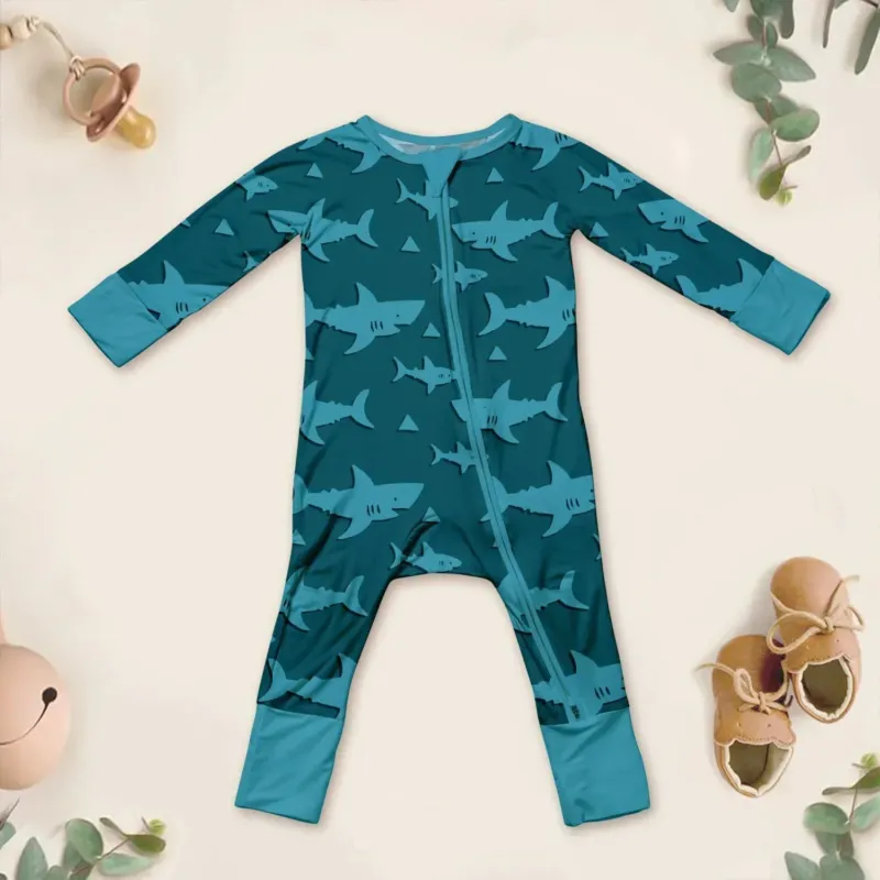 Sharks Convertible Zippered Romper , Sharks Convertible Zippered Romper - 0-3M