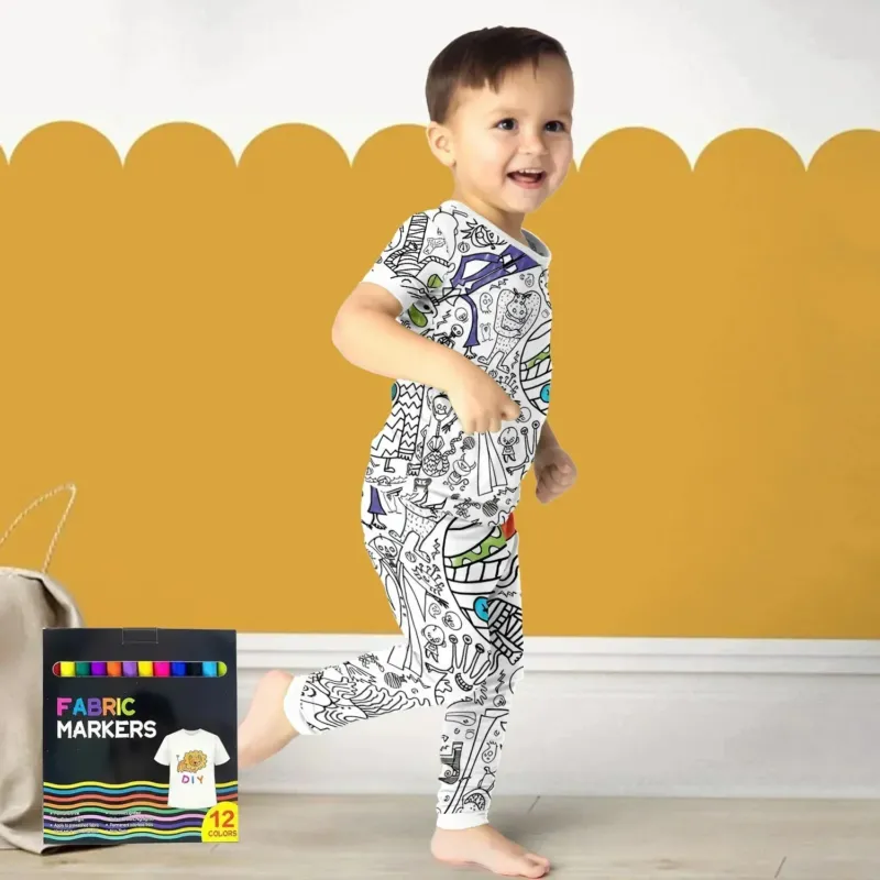 Spooky DIY Monster Colorable Halloween Two Piece Short Sleeve Pajama Set , Spooky DIY Monster Colorable Halloween Two Piece Short Sleeve Pajama Set - 3T