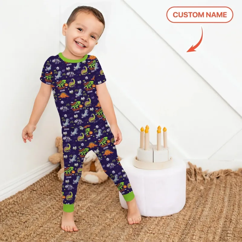 Trick Rawr Treat Custom Name Two Piece Short Sleeve Pajama Set , Trick Rawr Treat Custom Name Two Piece Short Sleeve Pajama Set - 12-18M